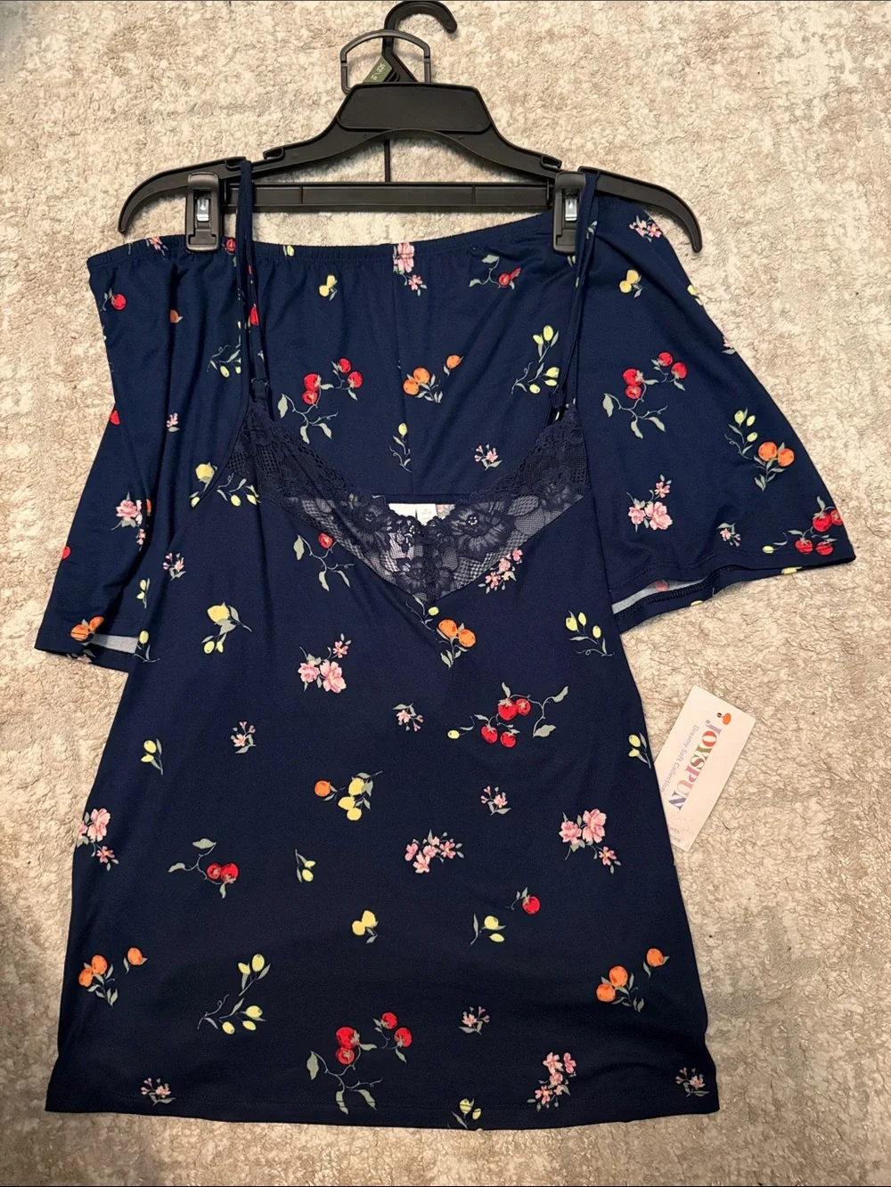 Joyspun Floral Lace-Trim Navy Pajama top with Matching Shorts size XL-NWT